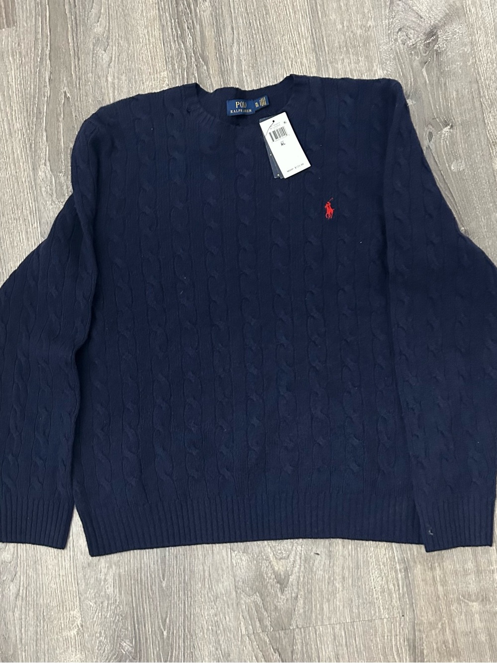 NWT Polo by Ralph Lauren Navy Cable-Knit Crewneck Sweater with Red Pony